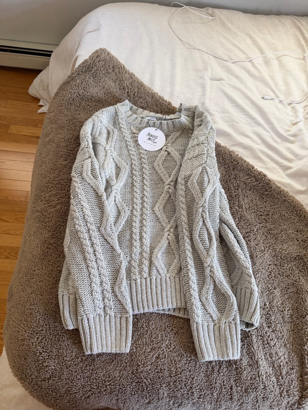 Princess Polly Light Gray Cable Knit Crewneck Sweater